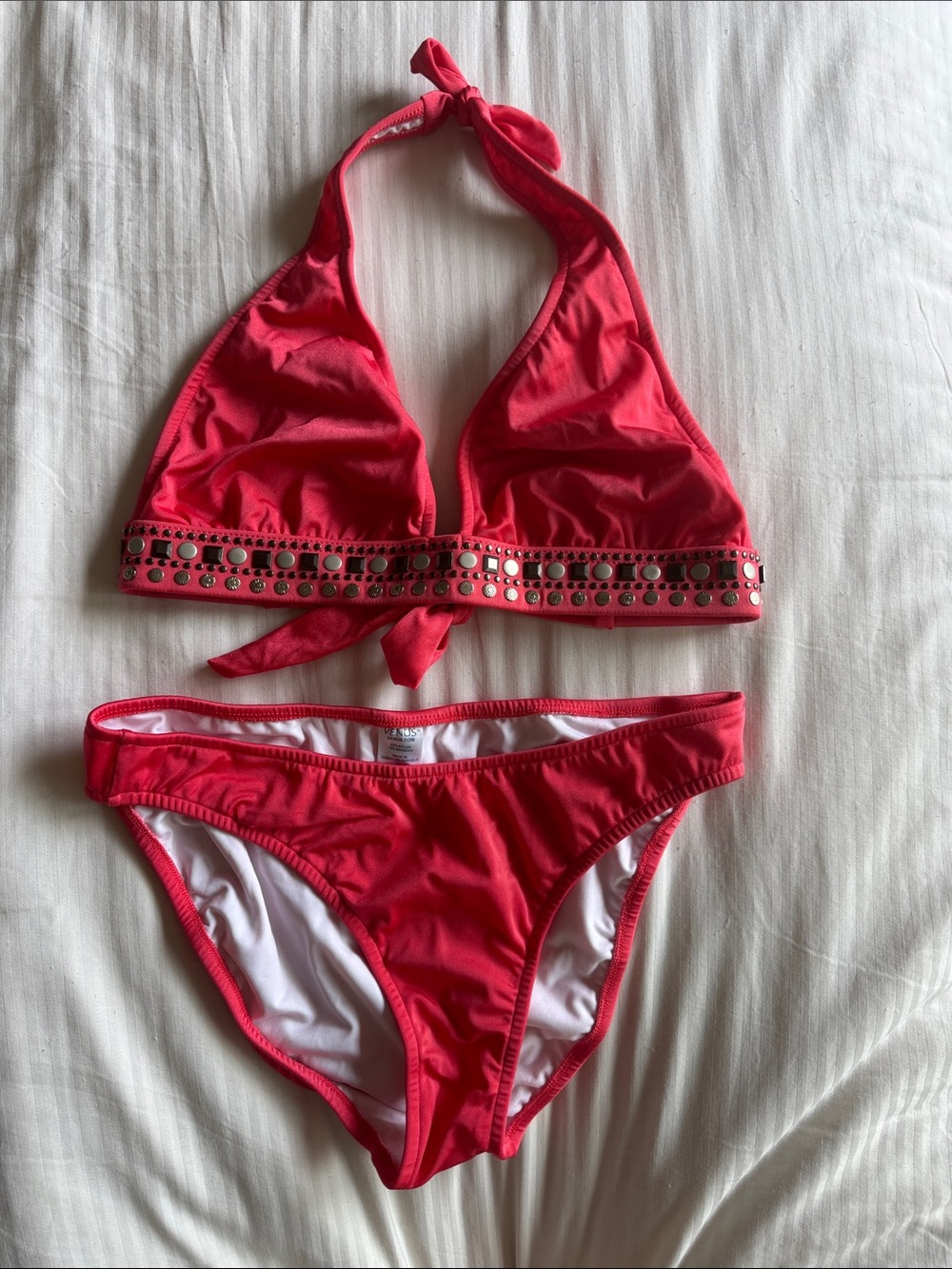 Venus Coral Red Halter Bikini Set size D (top) size 10 (bottom)